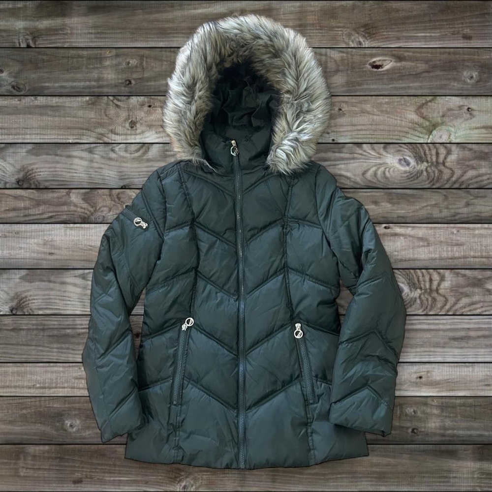 Nautica Olive Puffer Jacket with Faux Fur Trim